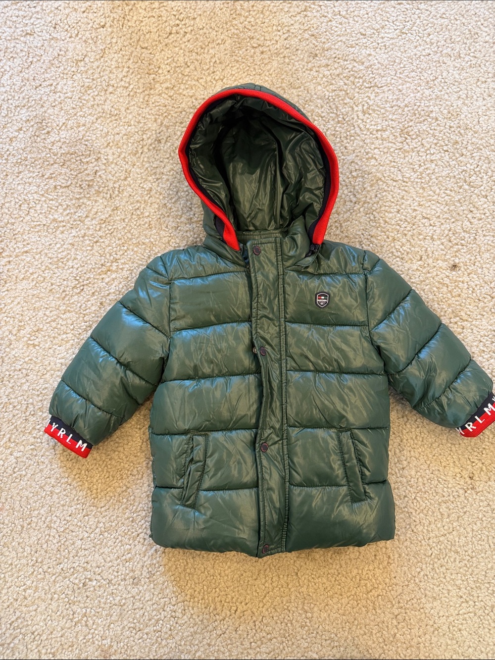 Mayoral Green Puffer Jacket with Red Hood Trim